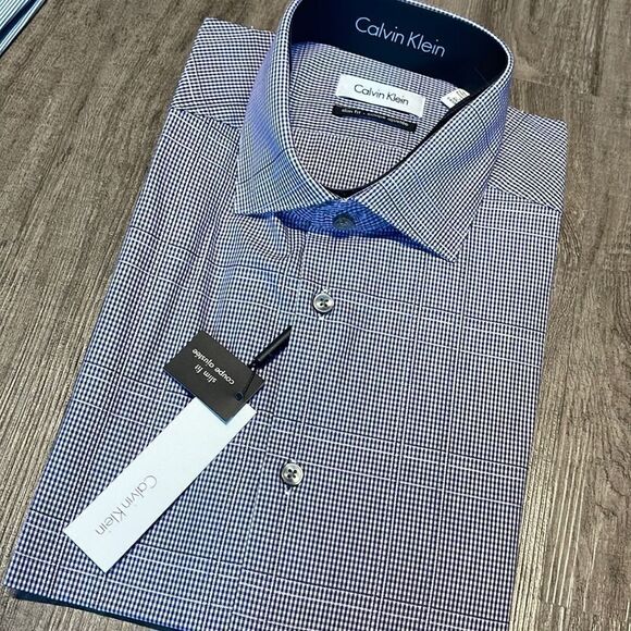 Calvin Klein Slim-fit Gingham Cotton Dress Shirt-purple-16-34/35 - Picture 2 of 3